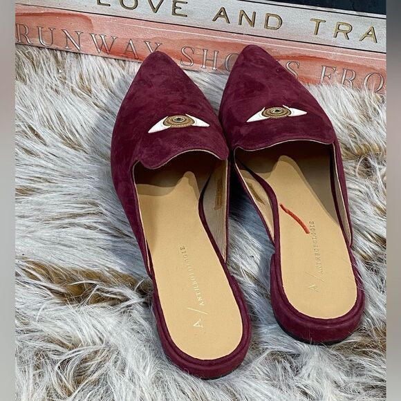 Anthropologie Embroidered Eye Burgundy Mules Sz 37 - Picture 3 of 6